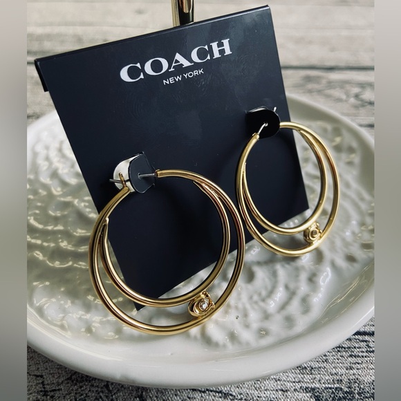 NWT! Coach double hoop earrings with a sparkling pavé crystal stud + gift wrap! - Picture 7 of 13